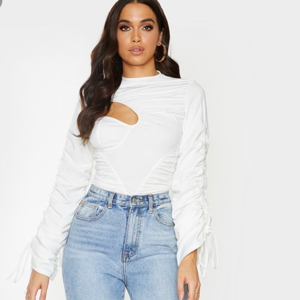 White Ruching Detail Long Sleeve Blouse